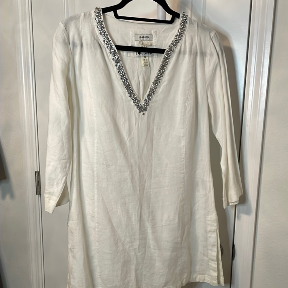 White Silver Embellished 3/4 Sleeve Linen Tunic NWOT